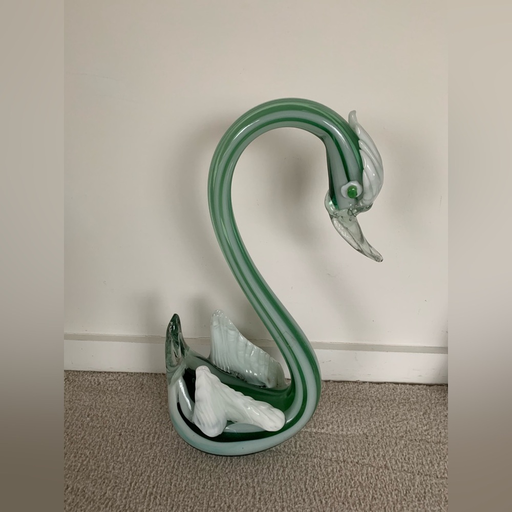 Elegant Green and White Glass Swan Sculpture
